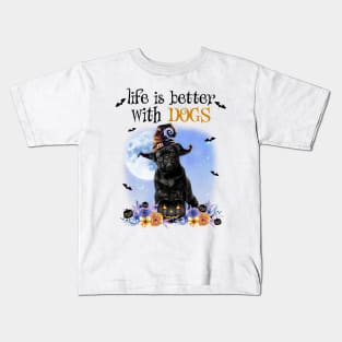 Black Pug Witch Hat Life Is Better With Dogs Halloween Kids T-Shirt